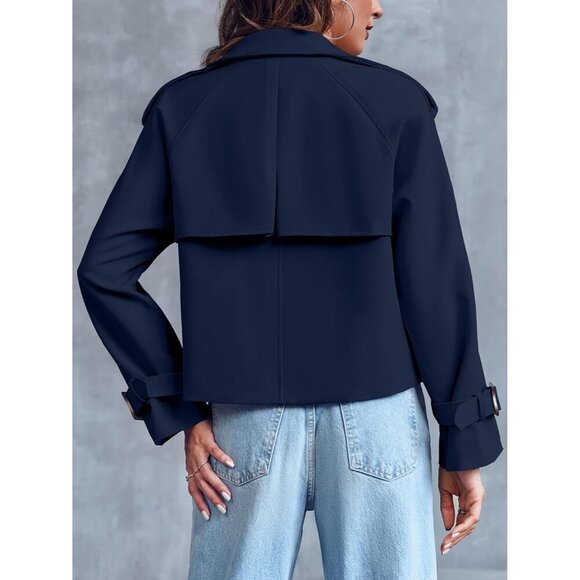 Women's Dark Blue Crop Double Breasted Trench Coat Raglan Sleeve Cropped Jacket - Picture 5 of 6
